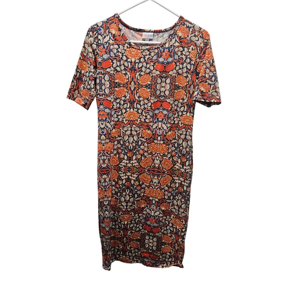 LuLaRoe Julia Dress Floral Orange Gray Print Fitted Knit Bodycon Sz S